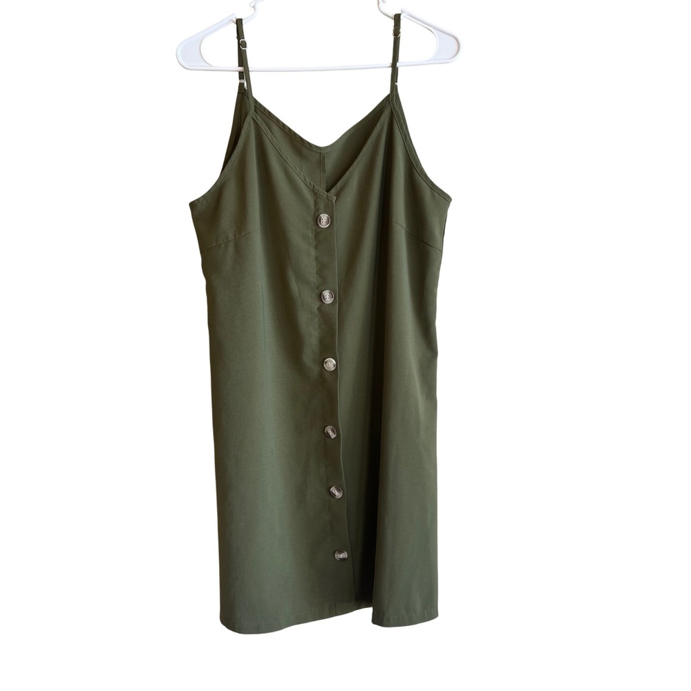 Olive Green Button Front Mini Dress V-Neck Adjustable Straps Size L Womens